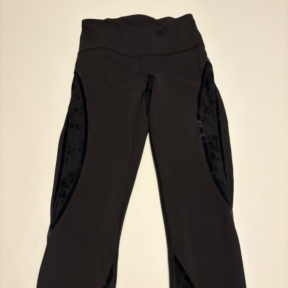 Lululemon High Rise Leggings Womens 4 Black Floral Mesh Velvet Trim W5BGSS